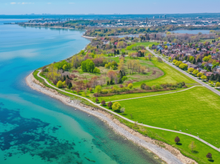 Drone view of green parkland and a curving shoreline path along Lake Ontario in Ajax.