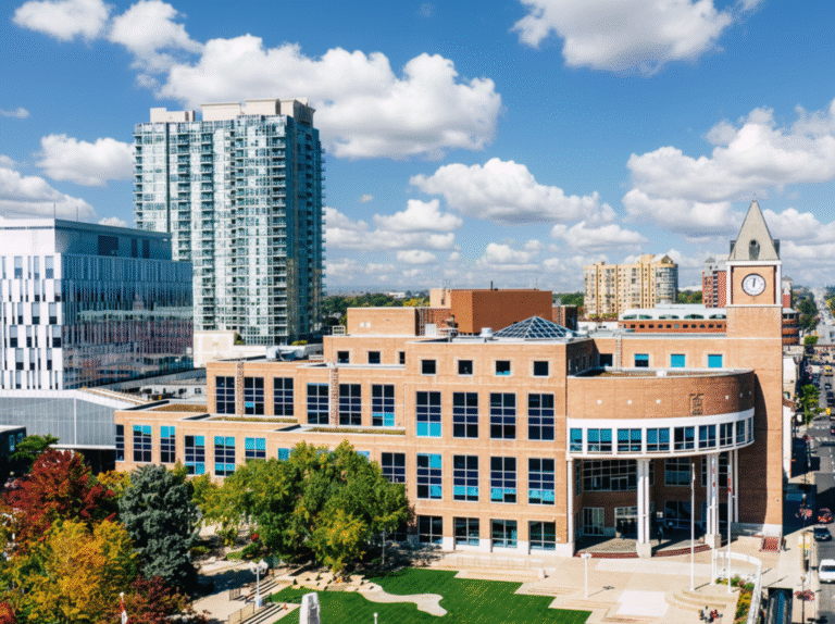 Brampton City Hall with a clock tower and modern buildings around Garden Square.