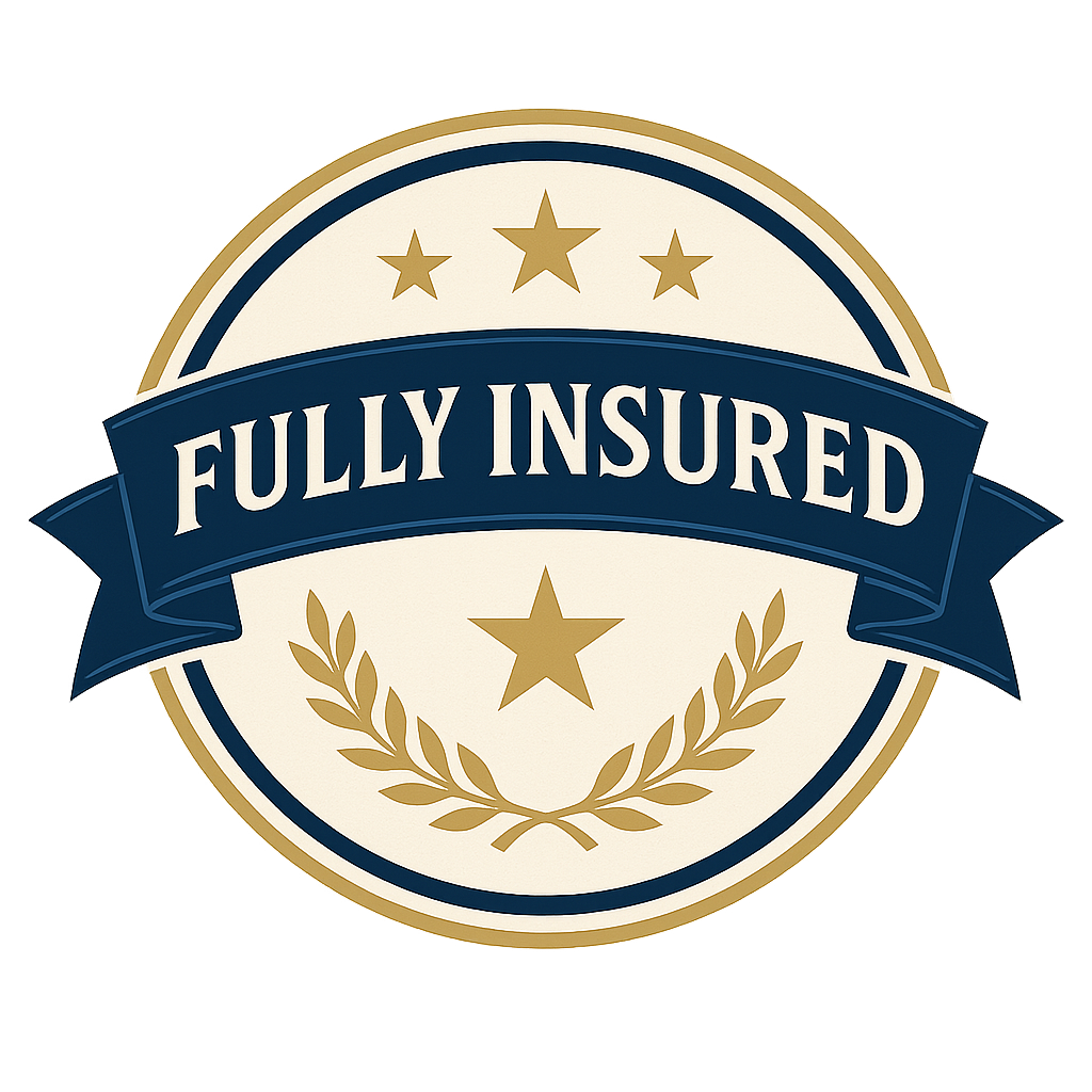 Fully insured badge with gold stars and ribbon design