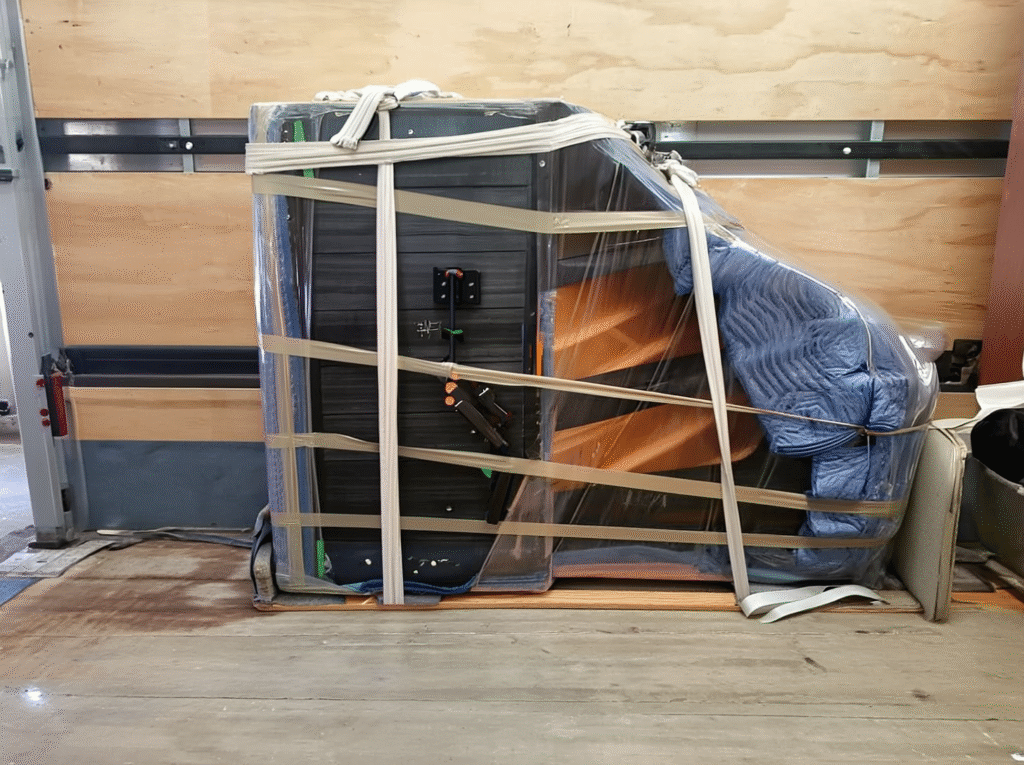 A close-up view of a professional piano mover's wrapped upright piano, secured inside a clean moving truck.