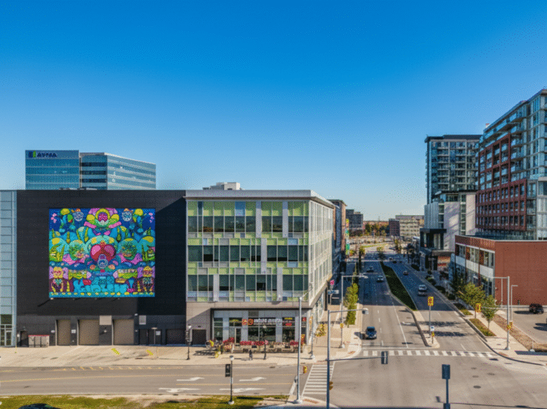 Contemporary mid-rise buildings and a colorful mural in Downtown Markham.