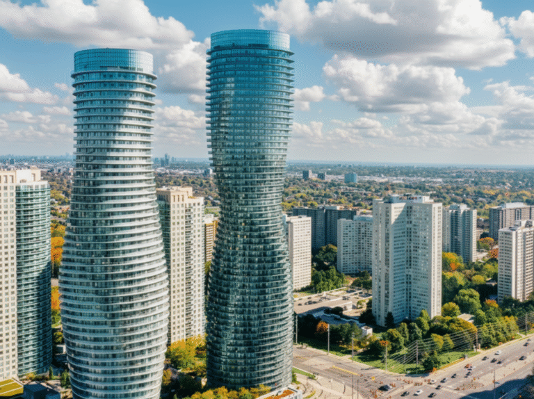 Curving Absolute World residential towers amid the Mississauga City Centre skyline.