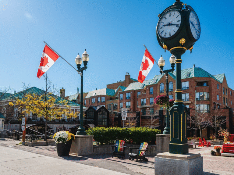 Heritage clock and Canadian flags in Downtown Oakville’s Towne Square with shops and condos behind.