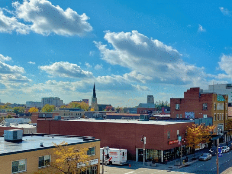 Wide view over Downtown Oshawa showing a tall church spire and brick rooftops under scattered clouds.