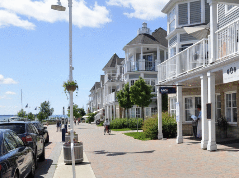 Pedestrians and cyclists on a waterfront boardwalk beside clapboard homes in Pickering’s Nautical Village.