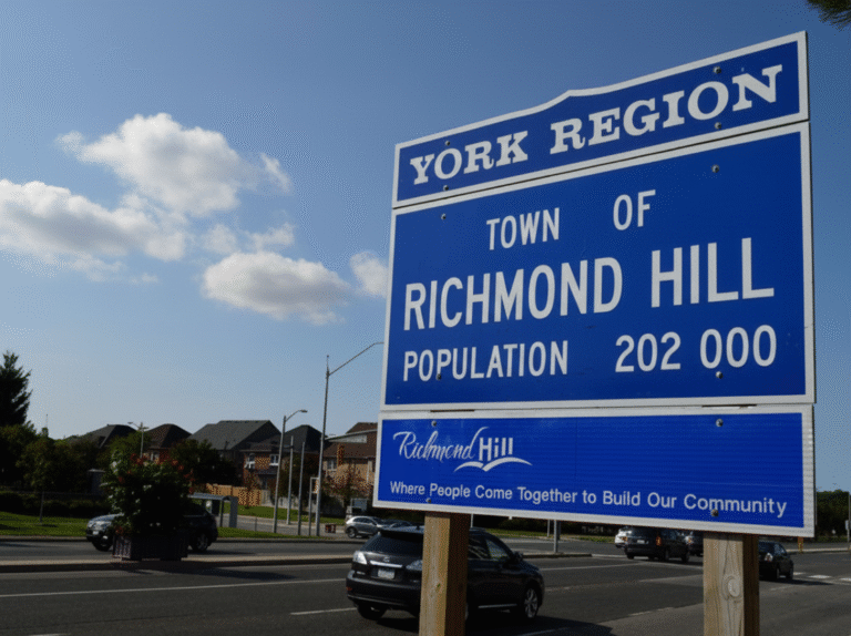 Blue roadside sign reading Town of Richmond Hill with neighborhood homes in the background.