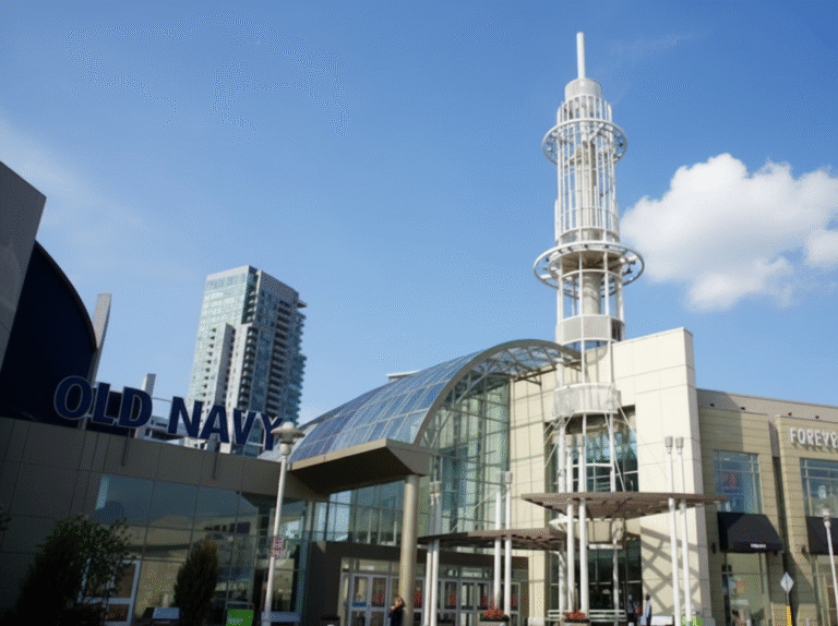 Scarborough Town Centre entrance with glass arch, white spire, and Old Navy sign on a sunny day.