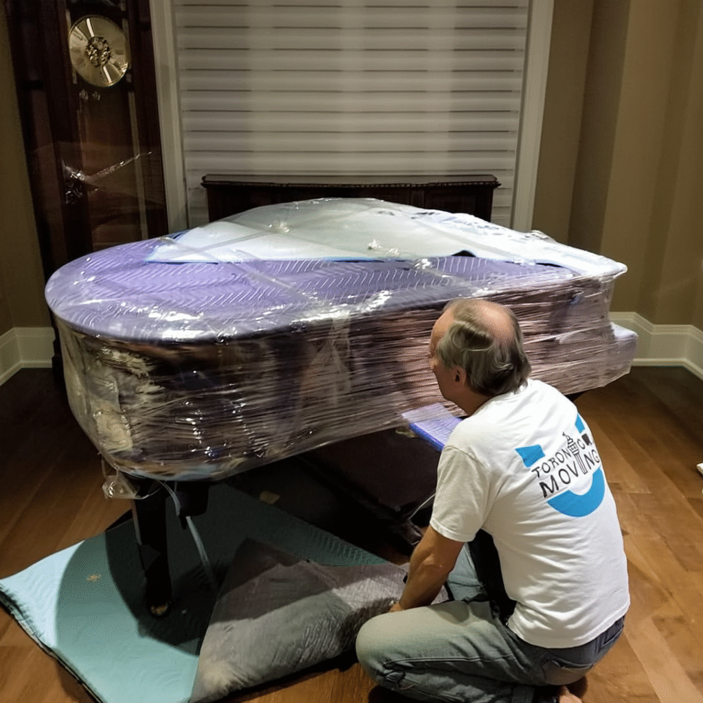 A team of professional piano movers carefully securing a black upright piano with moving blankets and straps on a dolly.