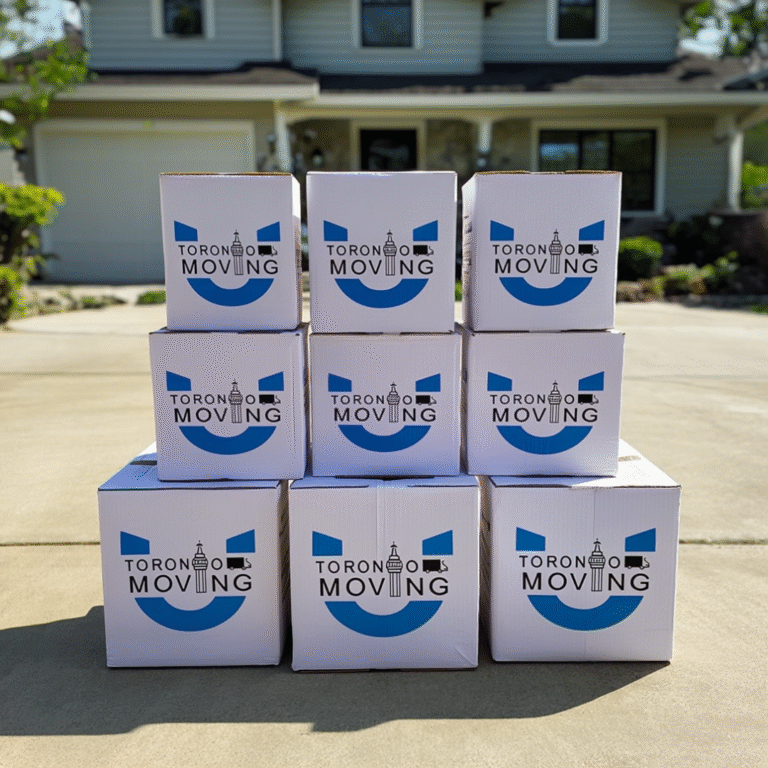 Stack of Toronto Unique Moving branded boxes prepared for packing and moving services