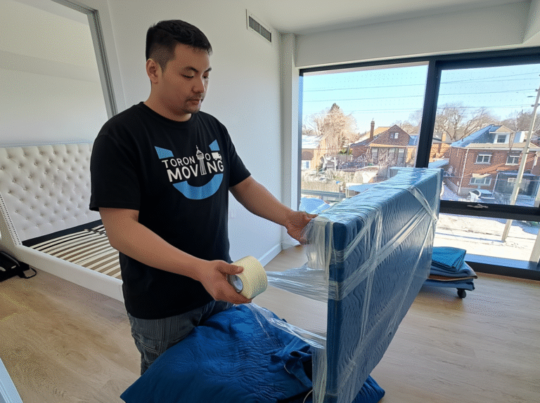 Professional Toronto mover wrapping furniture with protective padding and tape during packing services in a GTA home.