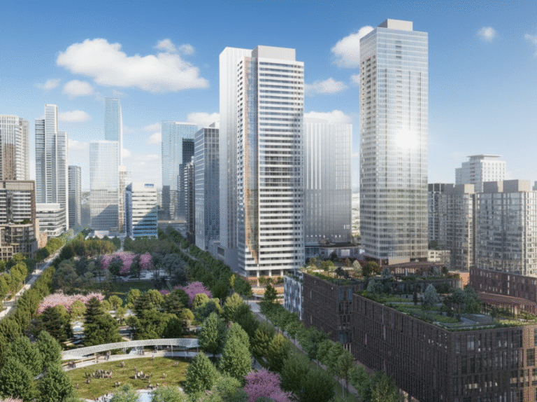 Tall glass towers lining a landscaped park in Vaughan Metropolitan Centre.