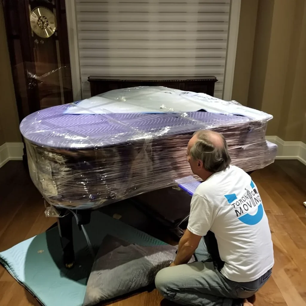 安达搬运在多伦多为三角钢琴进行专业打包，工人正仔细缠绕保护膜，确保运输全程零损伤。