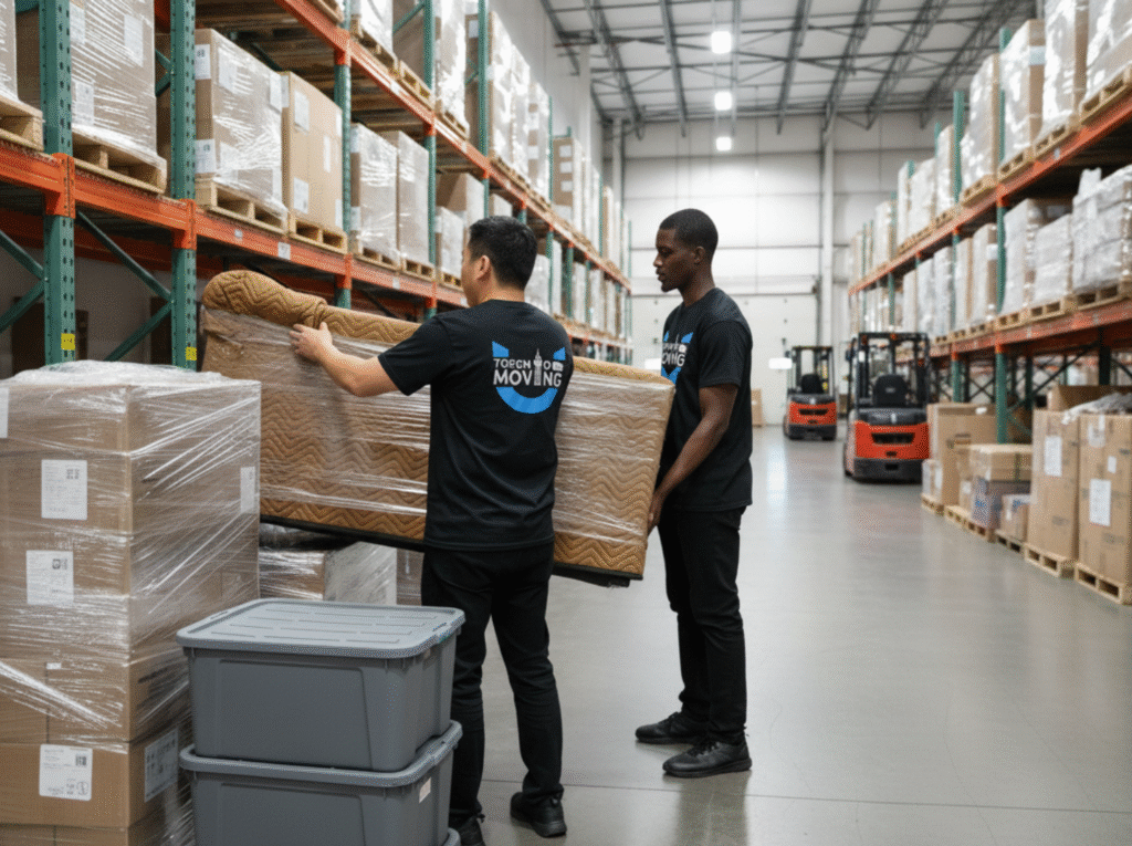 Two Toronto Moving & Storage crew members carefully carrying wrapped sofa into climate-controlled warehouse