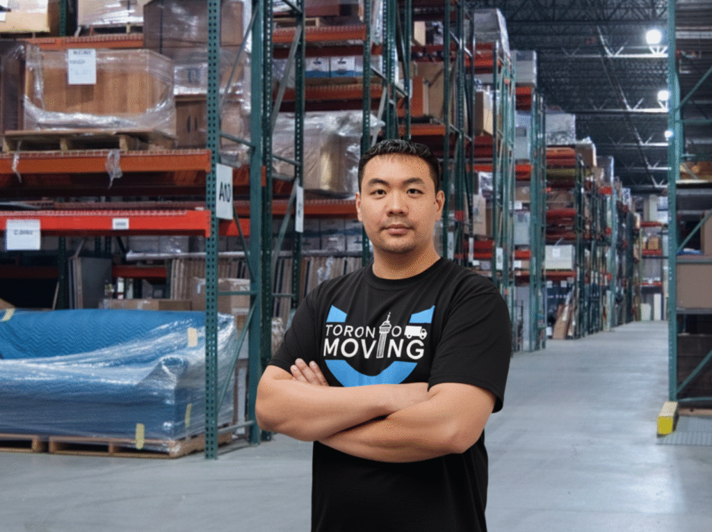 Toronto Moving & Storage team member standing in secure climate-controlled warehouse with packed furniture