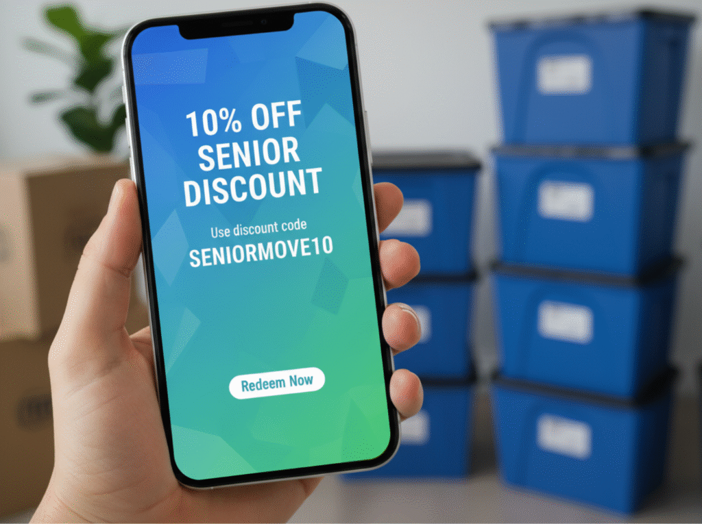 Hand holding smartphone showing 10 percent senior moving discount code SENIORMOVE10 with moving boxes in background